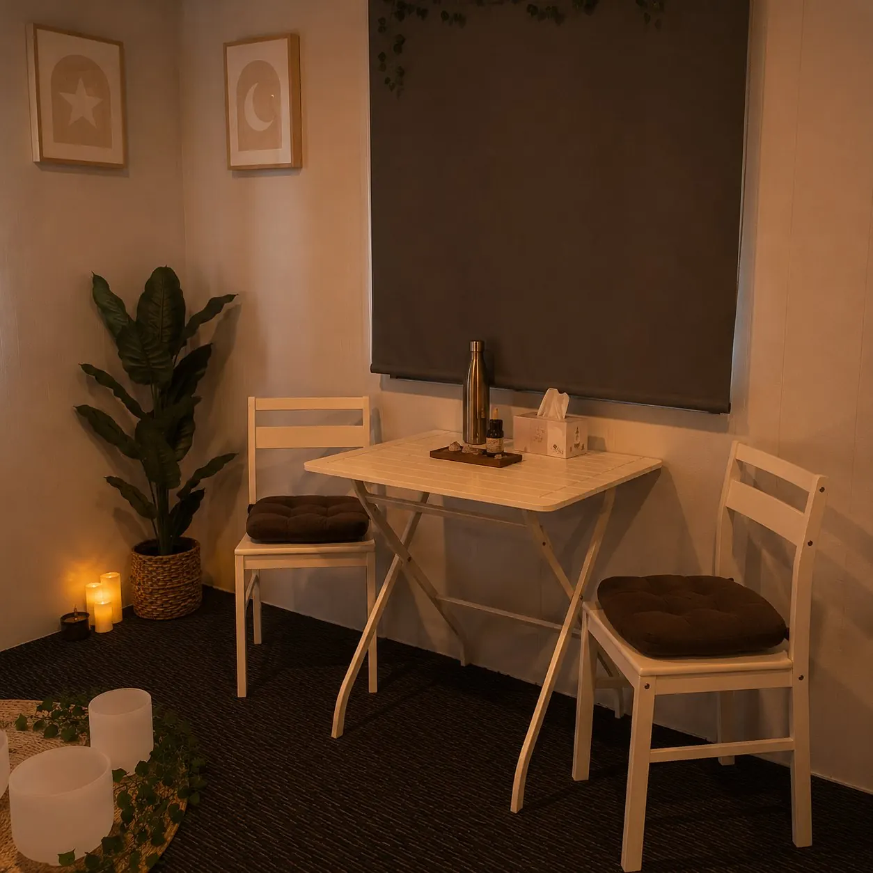 The calm seating area of the Inglewood studio